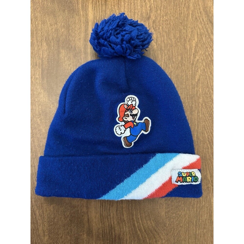 Super Mario Brothers Beanie Kids Boys Winter Hat Blue Pom